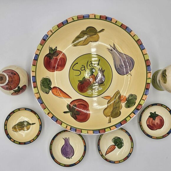 Salad For 4 Ceramic Large Salad Bowl Vinegar & Oil Decanters 4 Mini Dip Bowls - Picture 9 of 13